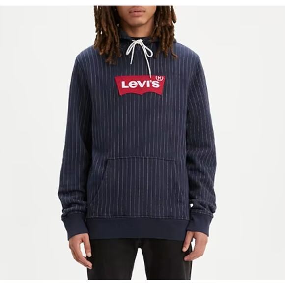 LEVI'S Logo Patch Navy Striped Drawstring Hoodie Sz Men's Small - Picture 1 of 9